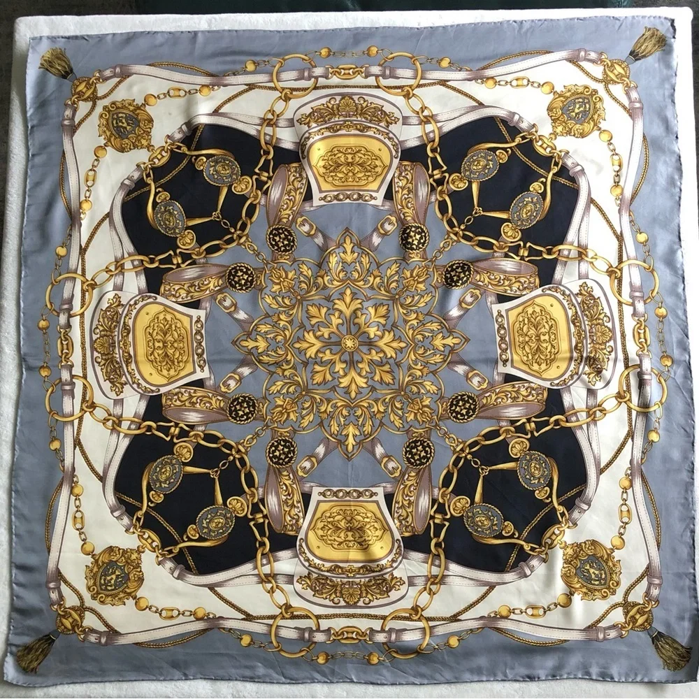 Silk Scarf - Gold Chains Tassels Filigree Design - Gray Black Cream Gold 34”